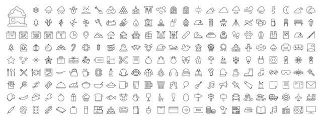 Winter and Christmas Holiday Outlined Vector Icon Megapack Set Transparent Background PNG Editable Stroke EPS AI
