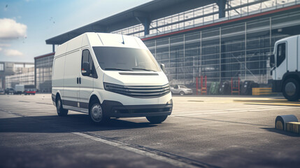 Modern white delivery van parked at a spacious industrial area, hinting at efficient logistics and transport