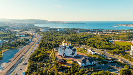 Fototapeta na wymiar Gelendzhik, Russia. Cathedral of St. Andrew the First-Called. Andreevsky park, Aerial View