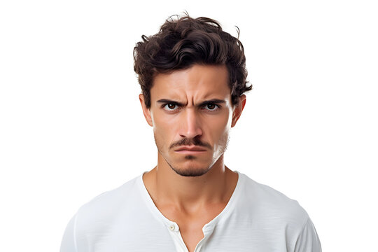 Sulking young adult Latin American man, head and shoulders portrait on white background. Neural network generated photorealistic image.