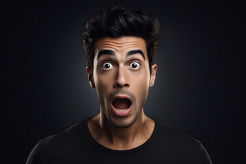 Surprised young adult Latin American man on black background. Neural network generated photorealistic image.