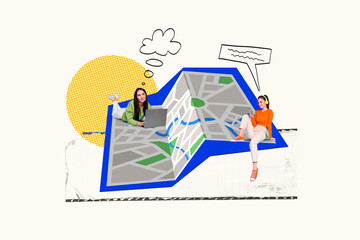 Artwork magazine collage picture of happy smiling girls travelling communicating modern devices...