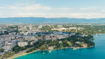 Fototapeta na wymiar Geneva, Switzerland. UN headquarters in Switzerland on the shores of Lake Geneva. Summer day, Aerial View