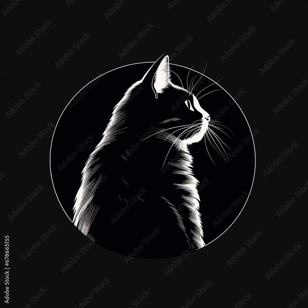 Wall mural white cat head logo on black background