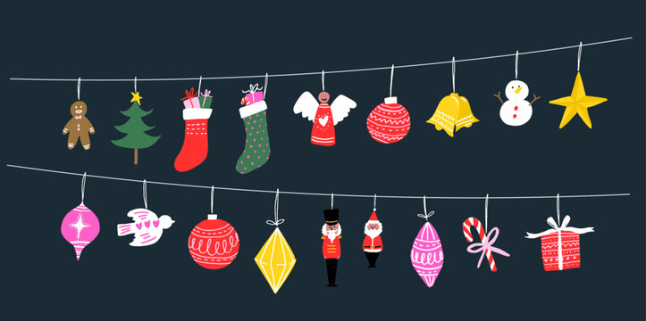 A set of Christmas ornaments hanging on the thread