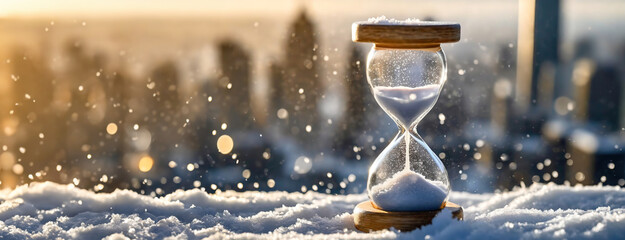 Hourglass in winter snow background. Concept of approaching Christmas and New Year holidays. Symbol of changing of the seasons. - obrazy, fototapety, plakaty