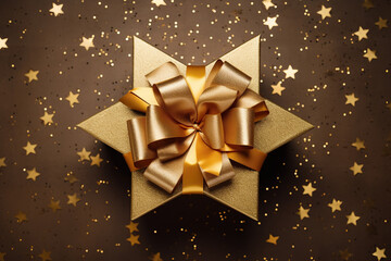 Gift box with a golden bow on a brown background with stars. 