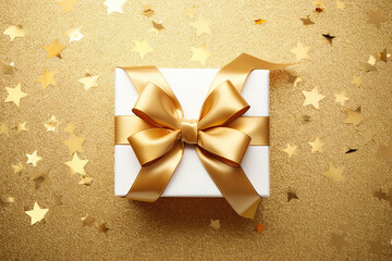 Gift box with golden bow on golden glitter background, top view. 