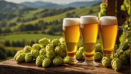 Golden beer in a glass with a foamy head, surrounded by hop buds in a rustic setting. The background is blurred and has a warm, inviting feel. - obrazy, fototapety, plakaty