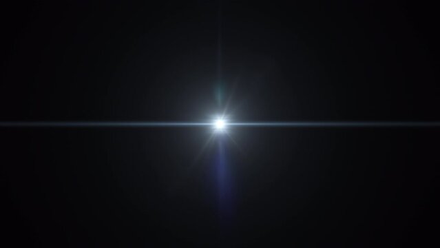 Loop center flickering white blue star rays lights optical lens flares shine long arm animation art on black abstract background. Isolated alpha channel Proress444