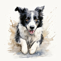 Beautiful border collie dog running through a puddle. Watercolour painting isolated on white background.