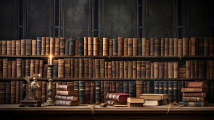 Old bookshelf with many old books in a dark room