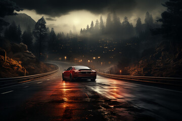 A night road and a racing car. Gloomy atmosphere on the track. - obrazy, fototapety, plakaty