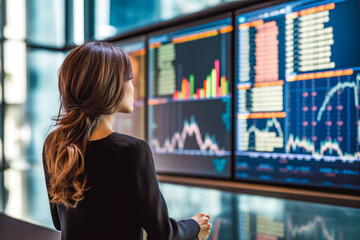 Beautiful female financial analyst examining stock display in her office, successful business woman analyzing data from computer screen