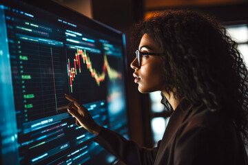 Beautiful female financial analyst examining stock display in her office, successful business woman analyzing data from computer screen - obrazy, fototapety, plakaty