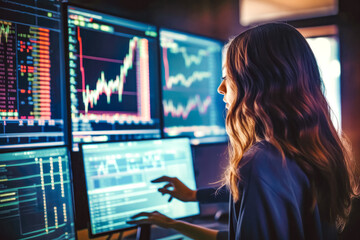 Beautiful female financial analyst examining stock display in her office, successful business woman analyzing data from computer screen