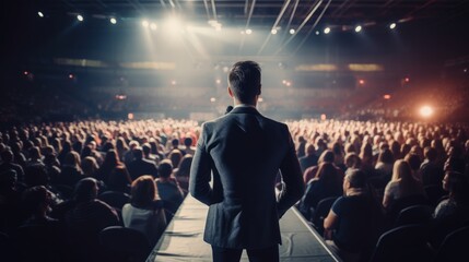 Rear view of businessman in suit standing on stage and looking at audience during concert