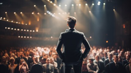 Rear view of businessman in suit standing on stage and looking at audience during concert