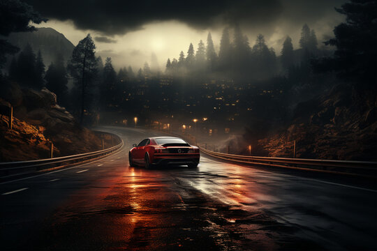 A night road and a racing car. Gloomy atmosphere on the track.