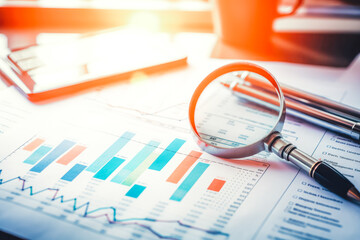 Concept of business audit stock financial finance management on analysis data , close up of statistic graphs and magnifying glass on table