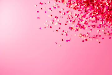 Beautiful pinkish confetti falling on bright pink background, concept of celebration wallpaper, wall decorated for festive event