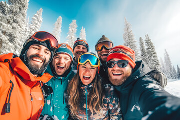 Group of snowboarders smiling and posing for a picture on a skiing vacation, friends snowboarding together on a sunny winter day - obrazy, fototapety, plakaty