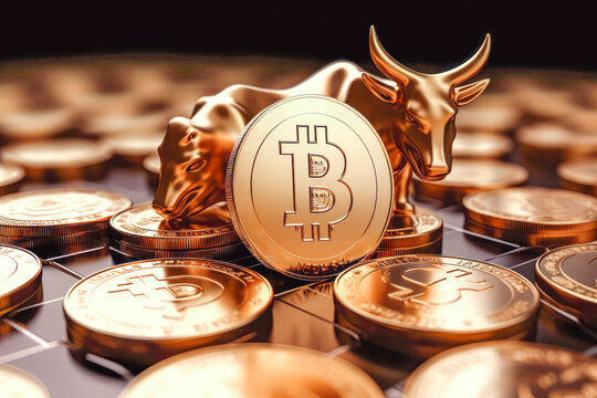 Concept of bull financial or cryptographic market, bull from gold and golden bit coin comparison and rivalry on market