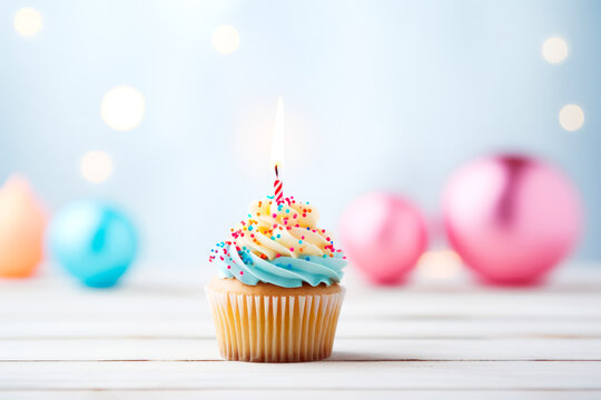 Close up shot of delicious birthday cupcake on light background, celebration muffin with candle ready to be blown, concept of celebration