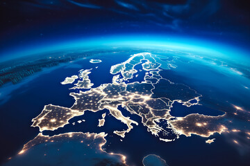 Spectacular close up shot of beautiful planet earth from space with europe continent light up, city lights over europe - obrazy, fototapety, plakaty