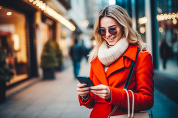 Beautiful young woman looking at her phone and smiling while shopping for black friday discounts, woman spending her money for new things