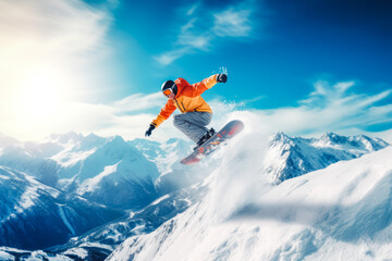 Naklejka na ściany i meble Close up shot of a snowboarder jumping on the top of mountains, winter sport concept, professional boarding on snow, athletic skills on board