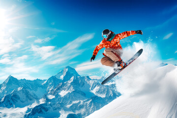 Close up shot of a snowboarder jumping on the top of mountains, winter sport concept, professional boarding on snow, athletic skills on board