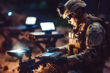 Soldier in full gear analyzing data on electronic tablet and analyzing coordinates, focused army man in uniform researching data - obrazy, fototapety, plakaty