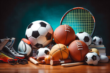 Concept of sport equipment, balls for different sports on pile, athletic professions to choose...