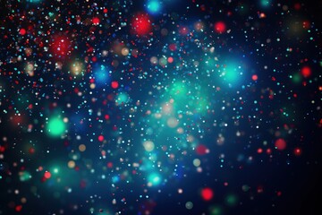Dark space background with Christmas lights and neon color glitter. Abstract background or wallpaper with blurred bokeh and small shiny splashes