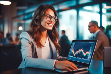 Beautiful young financial analyst focusing on examining stock display on her laptop, happy businesswoman using laptop computer to analyze stock data