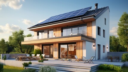 Fototapeta premium House with solar panels on roof. Alternative energy source