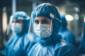 portrait of young nurse wearing protective cap and mask in surgery room - obrazy, fototapety, plakaty