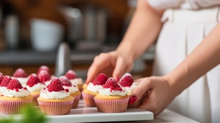 Obraz na płótnie Canvas Woman decorating cupcakes with fresh raspberries