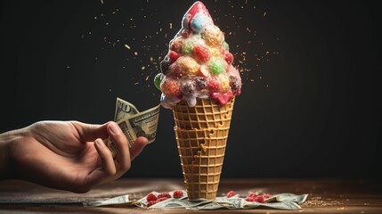 AI generated illustration of US dollars bills being poured from an ice cream cone-shaped container