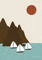 Minimalist sea landscape and ships nursery illustration poster. Norwegian fjord at sunset © Natalya Nepran