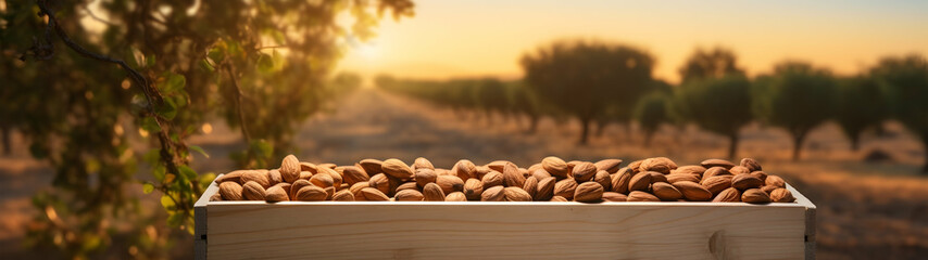 Almond nuts harvested in a wooden box in a plantation with sunset. Natural organic fruit abundance. Agriculture, healthy and natural food concept. Horizontal composition, banner. - obrazy, fototapety, plakaty