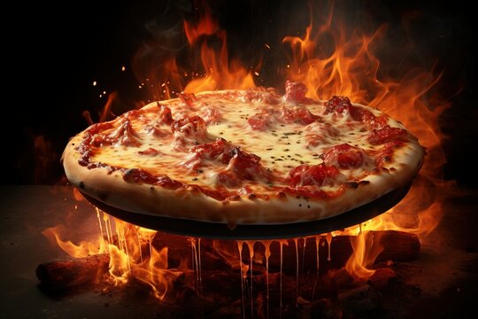 Hot tasty pizza with fire flames on black background. Image for restaurant menu, advertisements, promotions, marketing, posters.