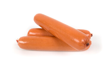 Heap of boiled sausages on white