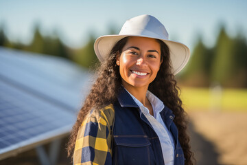 Portrait of confident smiling Latina female engineer in solar panel field. Green, clean and renewable energy concept.