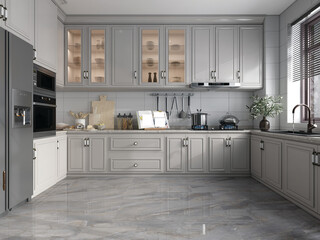 Gorgeously constructed, high-end, contemporary kitchen with lighting, gray marble, storage shelves made of grey furniture, grey stoves and refrigerator, and a grey plant in a grey pot. 3D Rendering