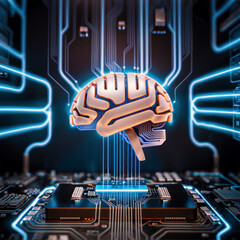 電子回路に組み込まれた脳型人工知能のイメージ Image of brain-type artificial intelligence embedded in an electronic circuit - obrazy, fototapety, plakaty