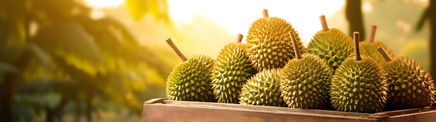 Durian fruit harvested in a wooden box in a plantation with sunset. Natural organic fruit abundance. Agriculture, healthy and natural food concept. Horizontal composition, banner.