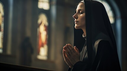 Close-up photo of a young Caucasian nun praying in catholic church. - obrazy, fototapety, plakaty