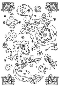 塗り絵　イラスト　手描き　ペン画　モノクロ　線画　花　葉　蔓　蔦　渦巻き　模様　幾何学　蝶　ペーズリー　エスニック